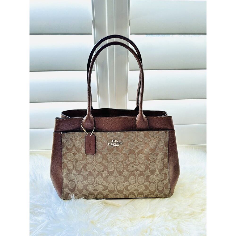 NWT COACH F31474 Brown Leather Casey Tote Khaki Signature Canvas Carryall Bag